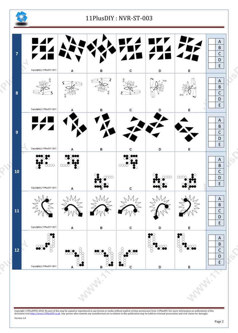 Non Verbal Reasoning Sample Test NVR ST 003 11PlusDIY